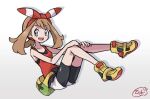  1girl :d bare_arms bike_shorts bike_shorts_under_shorts bow_hairband brown_hair commentary_request eyelashes fanny_pack full_body grey_eyes hairband hiisu_(s-1104-d) long_hair may_(pokemon) open_mouth pokemon pokemon_(game) pokemon_oras red_hairband red_shirt shirt shoes shorts signature sleeveless sleeveless_shirt smile solo teeth tongue upper_teeth white_shorts yellow_bag yellow_footwear 