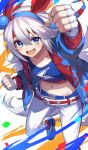  1girl animal_ears belt blue_eyes blue_jacket clenched_hands fang fingerless_gloves gloves grey_hair hairband headband highres horse_ears horse_girl horse_tail jacket kakutasu long_hair midriff navel pants shoes sneakers tail tamamo_cross_(umamusume) umamusume white_pants 