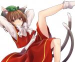  1girl :&lt; animal_ear_fluff animal_ears ankle_socks arms_behind_head bangs bobby_socks bow bowtie brown_eyes brown_hair cat_ears cat_girl cat_tail chen closed_mouth earrings expressionless eyes_visible_through_hair foot_out_of_frame from_side green_headwear hair_between_eyes hat hoop_earrings invisible_chair jewelry knee_up kneepits leaning_back leg_up legs long_sleeves looking_at_viewer looking_to_the_side mob_cap multiple_tails nekomata no_shoes red_skirt red_vest shirt shirt_tucked_in short_hair simple_background single_earring sitting skirt skirt_set socks solo tail tail_raised touhou tsurime two_tails unkmochi vest white_background white_bow white_bowtie white_shirt 