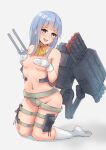  1girl bangs belt blue_eyes blue_hair blunt_bangs commentary_request commission covering covering_breasts full_body gloves hatsukaze_(kancolle) hime_cut k_jie kantai_collection kneehighs looking_at_viewer machinery nude solo torpedo_launcher white_background white_gloves white_legwear 