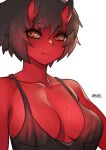  1girl bangs black_hair black_tank_top breasts cleavage closed_mouth collarbone colored_skin commentary eyebrows_visible_through_hair horns kidouko_(zakusi) large_breasts looking_at_viewer oni oni_horns orange_eyes original red_horns red_oni red_skin short_hair signature simple_background slit_pupils smile solo sweat symbol-only_commentary tank_top thick_eyebrows upper_body white_background zakusi 