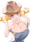  1girl absurdres bare_shoulders blonde_hair blue_eyes blush breasts cleavage collarbone cowboy_hat hair_lift hair_tie hands_up hat highres large_breasts looking_at_viewer naked_overalls open_mouth overalls poke_ball_symbol pokemon pokemon_(game) pokemon_breeder_(pokemon) pokemon_sm simple_background smile solo strap_slip toba_tsutsumi twintails upper_body white_background 