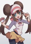  1girl :d bangs black_legwear bow breasts bright_pupils brown_hair commentary_request cowboy_shot double_bun green_eyes hands_up highres hiisu_(s-1104-d) holding holding_poke_ball legwear_under_shorts long_hair open_mouth pantyhose pink_bow poke_ball poke_ball_(basic) pokemon pokemon_(game) pokemon_bw2 raglan_sleeves rosa_(pokemon) short_shorts shorts smile solo tongue twintails visor_cap w white_pupils yellow_shorts 