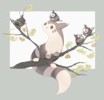  absurdres berry bird border branch closed_mouth fireblast furret grey_border highres leaf no_humans on_head outside_border pokemon pokemon_(creature) pokemon_on_head smile starly toes 