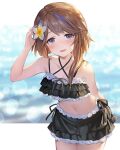  1girl adjusting_hair bangs bare_arms bare_shoulders breasts brown_hair commission eyebrows_behind_hair eyebrows_visible_through_hair flower grey_eyes hair_flower hair_ornament highres long_hair looking_at_viewer navel noir_eku ocean open_mouth original ribbon skeb_commission smile solo standing stomach swimsuit 