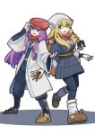  2girls adjusting_clothes adjusting_headwear akari_(pokemon) akari_(pokemon)_(cosplay) bangs blonde_hair blue_coat blue_pants blue_ribbon braid coat commentary_request cookie_(touhou) cosplay eyebrows_visible_through_hair full_body green_eyes hair_ribbon head_scarf highres holding holding_poke_ball kirisame_marisa layered_clothing leftame long_hair looking_at_viewer mars_(cookie) multiple_girls open_mouth pants patchouli_knowledge poke_ball poke_ball_(legends) pokemon pokemon_(game) pokemon_legends:_arceus purple_eyes purple_hair red_headwear red_scarf rei_(pokemon) rei_(pokemon)_(cosplay) ribbon sandals scarf side_braid simple_background single_braid smile socks taisa_(cookie) touhou transparent_background white_coat white_legwear wide_sleeves 