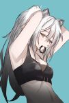  1girl animal_ears arknights armpits arms_up bangs bare_shoulders blue_background breasts cat_ears cleavage commentary crop_top hair_between_eyes hair_tie_in_mouth highres living_doll long_hair looking_at_viewer midriff mouth_hold navel schwarz_(arknights) silver_hair simple_background sleeveless small_breasts solo stomach upper_body yellow_eyes 