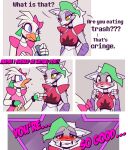 anthro avian beak bird blue_eyes bodily_fluids canid canine canis chicken dialogue duo edit female female/female five_nights_at_freddy&#039;s five_nights_at_freddy&#039;s:_security_breach food fur galliform gallus_(genus) gesture glamrock_chica_(fnaf) green_hair hair humor is_that_your_fucking_fursona machine mammal mirror nitrogenweed offscreen_sex phasianid pointing r-mk robot roxanne_wolf_(fnaf) scottgames tears tears_of_pleasure text video_games white_body white_fur wolf yellow_eyes 
