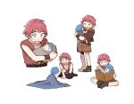  2girls androgynous arcane:_league_of_legends baby bandaid bandaid_on_knee bangs blanket blue_hair blush book bowwow_(hamju94) child grey_background grin league_of_legends multiple_girls multiple_views one_eye_closed open_book powder_(arcane) red_hair shiny shiny_hair shirt shoes short_hair simple_background smile teeth vest vi_(league_of_legends) younger 
