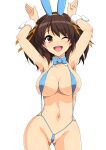  1girl ;d absurdres animal_ears arms_up ass_visible_through_thighs bangs bare_shoulders blush breasts brown_eyes brown_hair bunny_pose detached_collar eyebrows_visible_through_hair fake_animal_ears hair_ornament hairband happy haruhisky highres large_breasts looking_at_viewer navel one_eye_closed open_mouth rabbit_ears revealing_clothes shiny shiny_hair shiny_skin short_hair simple_background smile solo standing stomach suzumiya_haruhi suzumiya_haruhi_no_yuuutsu swimsuit teeth thighs upper_teeth white_background wrist_cuffs 