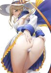  1girl absurdres ass bangs blonde_hair blue_eyes blush breasts cape commentary_request cucouroux_(granblue_fantasy) dress eyebrows_visible_through_hair fingernails frills from_behind granblue_fantasy hands_on_own_ass hat highres long_hair looking_at_viewer looking_back medium_breasts one_eye_closed panties parted_lips shiny shiny_skin shuangyijiu simple_background smile sweat sweatdrop thighs tied_hair underwear white_panties witch_hat 