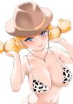  1girl absurdres animal_print bikini blonde_hair blue_eyes blush breasts cleavage collarbone cow_print cowboy_hat hair_lift hair_tie hands_up hat highres large_breasts looking_at_viewer micro_bikini navel open_mouth pokemon pokemon_(game) pokemon_breeder_(pokemon) pokemon_sm simple_background skindentation smile solo swimsuit toba_tsutsumi twintails upper_body white_background 