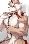  1boy abs animal_collar animal_ears ao_(chung0u0) arknights bangs bara brown_fur chain collar completely_nude dog_boy dog_ears flaccid furry furry_male highres horns hung_(arknights) large_pectorals male_focus medium_hair multicolored_hair muscular muscular_male nipples nude orange_eyes orange_hair out-of-frame_censoring pectorals penis penis_peek single_horn solo stomach streaked_hair sweatdrop thighs two-tone_fur white_fur white_hair 