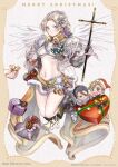  1girl 2boys armor box breasts chris_lightfellow closed_mouth earrings gensou_suikoden gensou_suikoden_iii gloves highres jewelry long_hair looking_at_viewer multiple_boys navel open_mouth percival_fraulein silver_hair smile weapon wings 