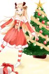  1girl :d abigail_williams_(fate) absurdres antlers bangs bare_shoulders bell black_bow blonde_hair blue_eyes blush bow box braid choker christmas christmas_ornaments christmas_tree collarbone commentary_request detached_sleeves dress fake_antlers fate/grand_order fate_(series) feet_out_of_frame fur-trimmed_dress fur-trimmed_sleeves fur_trim gift gift_box green_choker hair_bow highres long_hair long_sleeves looking_at_viewer neck_bell pantyhose parted_bangs pleated_dress polka_dot polka_dot_bow red_bow red_dress red_sleeves reindeer_antlers single_braid smile solo standing standing_on_one_leg striped striped_legwear very_long_hair yukaa 
