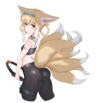  1girl absurdres alternate_costume animal_ear_fluff animal_ears arknights ass bangs bare_arms bare_shoulders black_pants blonde_hair blue_hairband blush breasts cleavage collar cropped_legs eyebrows_visible_through_hair fox_ears fox_girl fox_tail from_behind green_eyes hair_rings hairband highres holding iiii infection_monitor_(arknights) leaning_forward looking_at_viewer looking_back multicolored_hair multiple_tails oripathy_lesion_(arknights) pants ring-con sidelocks simple_background small_breasts smile solo sports_bra suzuran_(arknights) sweat tail thigh_strap two-tone_hair white_background white_hair yoga_pants 