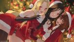  3girls :d animal_ears bangs black_collar black_gloves black_hair blonde_hair blurry blurry_background blush braid braided_ponytail breasts brown_hair brown_legwear butterfly_hair_ornament christmas_tree cleavage cleavage_cutout clothing_cutout collar collarbone copyright detached_collar dot_nose dress dutch_angle earrings elbow_gloves eyebrows_visible_through_hair eyes_visible_through_hair facial_mark flower fox_ears fox_girl frilled_dress frills fumi_(nijisanji) gem gloves grin hair_between_eyes hair_flower hair_ornament hand_on_another&#039;s_arm hat heart heart_facial_mark jewelry joker_(tomakin524) large_breasts long_braid long_hair long_sleeves looking_at_viewer luis_cammy mole multiple_girls necklace nijisanji open_mouth orange_eyes parted_bangs parted_lips red_dress red_eyes red_gloves santa_hat shirayuki_tomoe short_sleeves side_braid side_ponytail sidelocks sleeveless smile standing teeth thighhighs very_long_hair virtual_youtuber watermark yellow_eyes yuri 
