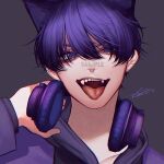  1boy animal_ears archived_source arm_up black_background cat_ears hair_over_eyes headphones highres hood hood_down hoodie kamato_il long_bangs long_sleeves looking_at_viewer open_mouth original purple_eyes purple_hair purple_hoodie sample shadow sharp_teeth short_hair signature simple_background slit_pupils smile solo teeth tongue tongue_out 
