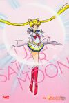  1990s_(style) 1girl back_bow bishoujo_senshi_sailor_moon blonde_hair blue_eyes blue_sailor_collar boots bow character_name copyright_name double_bun elbow_gloves floating_hair full_body gloves hair_ornament highres holding holding_weapon knee_boots leotard logo long_hair looking_at_viewer magical_girl miniskirt multicolored_clothes multicolored_skirt official_art outstretched_arm pink_background pink_footwear pleated_skirt retro_artstyle sailor_collar sailor_moon skirt solo special_moves starry_background super_sailor_moon tsukino_usagi twintails very_long_hair weapon 