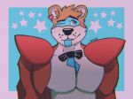  anthro blush bow_tie brown_body brown_fur chest_tattoo ear_piercing ear_ring five_nights_at_freddy&#039;s five_nights_at_freddy&#039;s:_security_breach freddy_(fnaf) fur glamrock_freddy_(fnaf) lofihill looking_away male mammal markings muscular muscular_male one_eye_closed piercing scottgames shy smile solo tattoo ursid video_games 