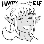  1girl bb_(baalbuddy) closed_eyes commentary dark-skinned_female dark_elf dark_skin elf english_commentary english_text facing_viewer greyscale happy highres long_hair monochrome open_mouth original pointy_ears ponytail portrait simple_background smile solo white_background 