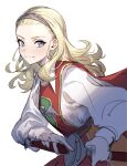  1girl anlucea blonde_hair blue_eyes blush closed_mouth dragon_quest dragon_quest_x gloves hair_slicked_back highres holding holding_sheath holding_sword holding_weapon light_blush long_hair mephist mole mole_under_mouth scabbard sheath simple_background sketch smile solo sword weapon white_background white_gloves wing_print 