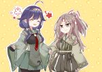  2girls absurdres ahoge brown_eyes hachimaki hair_flaps hairband hakama hakama_shorts headband high_ponytail highres japanese_clothes kantai_collection light_brown_hair long_hair low_twintails multiple_girls muneate nami_nami_(belphegor-5812) purple_hair remodel_(kantai_collection) ryuuhou_(kancolle) shorts taigei_(kancolle) twintails wide_sleeves yuri zuihou_(kancolle) 