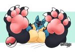  2021 anthro athletic barefoot big_feet blue_background border claws feet foot_fetish foot_focus front_view hi_res looking_at_viewer lucario male muscular muscular_anthro muscular_male nintendo nude pawpads pecs pok&eacute;ball pok&eacute;mon pok&eacute;mon_(species) schwarzfox signature simple_background sitting smile solo spikes spikes_(anatomy) tuft video_games white_border 