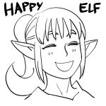 1girl :d bb_(baalbuddy) closed_eyes commentary elf english_commentary english_text facing_viewer greyscale happy highres long_hair monochrome open_mouth original pointy_ears ponytail portrait simple_background smile solo white_background 