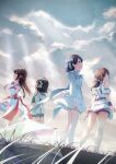  4girls :d asymmetrical_legwear back_bow belt blue_bow blue_dress blue_eyes bow brown_hair closed_mouth cloud cloudy_sky day detached_sleeves dress enogu grass green_eyes hair_bow hand_on_hip highres hinata_nao_(iwamotochou_geinousha) iwamotochou_geinousha kagawa_ichigo long_hair long_sleeves medium_hair mismatched_legwear multiple_girls natsume_haru open_mouth outdoors red_bow shirafuji_tamaki short_shorts short_sleeves shorts single_sock single_thighhigh sky smile socks standing suzuki_anzu thighhighs transparent transparent_umbrella umbrella white_belt white_legwear white_shorts 