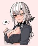  1girl 2poet black_bra blush bra breasts cleavage commentary_request eyebrows_visible_through_hair frilled_bra frills girls&#039;_frontline hair_between_eyes hair_ornament hairclip korean_commentary large_breasts long_hair looking_at_viewer m590_(girls&#039;_frontline) naughty_face open_clothes open_mouth open_shirt pink_background ponytail smile solo spoken_squiggle squiggle sweatdrop underwear upper_body white_hair yellow_eyes 