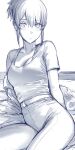  1girl absurdres blue_theme blush breasts cleavage closed_mouth commentary contrapposto dota_(series) dota_2 english_commentary hews highres looking_at_viewer marci_(dota) medium_breasts monochrome pants shirt short_ponytail short_sleeves sidelocks sketch smile solo 