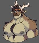  2021 anthro antlers big_deltoids big_nipples big_pecs body_hair capreoline castrodour cervid chest_hair chest_tuft digital_media_(artwork) fur hair hi_res horn huge_pecs male mammal muscular muscular_anthro muscular_male nipples nude pecs reindeer simple_background smile solo tuft 