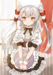  1girl alternate_costume amatsukaze_(kancolle) apron brown_eyes cocoperino frilled_apron frills hair_tubes holding holding_tray kantai_collection long_hair short_sleeves silver_hair solo tray two_side_up waist_apron white_apron windsock wrist_cuffs 