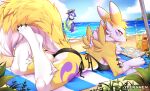  2girls animal_ears ass beach bikini black_bikini blue_eyes breasts cleavage cup day digimon drinking_glass drinking_straw furry furry_female krystal large_breasts lying multiple_girls on_stomach outdoors renamon star_fox swimsuit tail teranen 