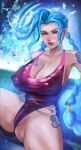  1girl absurdres alternate_breast_size alternate_costume animal ass asymmetrical_bangs bangs bird blue_hair blurry blurry_background braid breasts cameltoe collarbone covered_nipples dblushed freckles highres huge_breasts jinx_(league_of_legends) large_breasts league_of_legends leg_tattoo leotard long_hair pink_eyes purple_leotard shiny shiny_hair shoulder_tattoo sitting smile solo spread_legs tattoo thighs twin_braids 