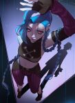  1girl absurdres arcane:_league_of_legends arcane_jinx arm_behind_back arm_up asymmetrical_bangs bangs bare_shoulders belt black_footwear black_gloves braid breasts brown_belt dingzi fingerless_gloves from_above full_body gloves highres jinx_(league_of_legends) league_of_legends long_hair medium_breasts midriff navel pants pink_eyes pink_pants pink_sleeves powder_(arcane) shadow shoes shoulder_tattoo smile solo standing striped striped_pants striped_sleeves tattoo twin_braids very_long_hair 