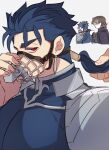  anger_vein angry armor beads blue_bodysuit blue_hair bodysuit closed_mouth cu_chulainn_(fate) cu_chulainn_(fate/stay_night) earrings fate/stay_night fate_(series) grabbing_another&#039;s_hair hair_beads hair_ornament jewelry kotomine_kirei long_hair male_focus muzzle pauldrons ponytail red_eyes shoulder_armor slit_pupils spiked_hair white_background yap_(dhgrail) 