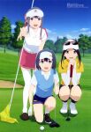  3girls :d absurdres ayaka_(sorairo_utility) bangs black_footwear black_hair black_legwear black_shorts blue_eyes blue_hair blue_shorts blue_sky cloud collared_shirt day eyewear_on_head golf_club golf_course grass haruka_(sorairo_utility) highres kneeling leaning leaning_forward looking_at_viewer medium_hair megami_magazine minami_(sorairo_utility) multiple_girls official_art open_mouth outdoors outstretched_arms polo_shirt purple_eyes red_skirt saitou_kengo sand scan shirt shorts sidelocks skirt sky smile socks sorairo_utility squatting standing sunglasses sweater thighhighs tree visor_cap white_background white_footwear white_legwear white_shirt yellow_shirt zettai_ryouiki 