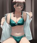  1girl :o bangs blush bow bow_bra bow_panties bra breasts brown_eyes brown_hair cleavage collarbone curtains glasses green_bow green_bra highres lace lace-trimmed_bra lace_panties lace_trim long_sleeves looking_to_the_side low_twintails mole mole_on_breast mole_under_eye nail_polish navel no_pants open_clothes open_mouth open_shirt original panties shirt small_breasts solo tama_(seiga46239239) twintails underwear undressing white_shirt 