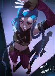  1girl absurdres arcane:_league_of_legends arcane_jinx arm_behind_back arm_up asymmetrical_bangs bangs bare_shoulders belt black_footwear black_gloves braid breasts brown_belt dingzi fingerless_gloves from_above full_body gloves highres jinx_(league_of_legends) league_of_legends long_hair medium_breasts midriff milestone_celebration navel pants pink_eyes pink_pants pink_sleeves powder_(arcane) shadow shoes shoulder_tattoo smile solo standing striped striped_pants striped_sleeves tattoo twin_braids very_long_hair 