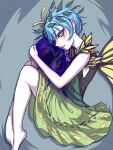  1girl antennae aqua_hair barefoot blush butterfly_wings dress eternity_larva eyebrows_visible_through_hair fairy green_dress hair_between_eyes highres leaf leaf_on_head miata_(miata8674) multicolored_clothes multicolored_dress open_mouth pointy_ears short_hair single_strap solo touhou wings yellow_eyes 