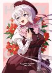  1girl ahoge beret breasts character_name dated dress grey_hair hand_on_own_chest happy_birthday hat head_tilt highres juliet_sleeves long_hair long_sleeves looking_to_the_side medium_breasts puffy_sleeves red_dress red_headwear senki_zesshou_symphogear smile solo thundergotch very_long_hair yukine_chris 