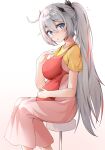  1girl absurdres apron bangs blue_eyes breasts closed_mouth commentary_request dress eyebrows_visible_through_hair gr_greeze gradient gradient_background grey_hair hair_between_eyes hair_ornament hand_on_own_stomach head_tilt highres honkai_(series) honkai_impact_3rd kiana_kaslana kiana_kaslana_(herrscher_of_the_void) large_breasts long_hair looking_at_viewer multicolored_hair open_mouth pink_dress ponytail pregnant red_apron red_hair shirt short_hair short_sleeves simple_background sitting solo stool streaked_hair surprised white_background yellow_shirt 