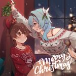  2girls amber_(genshin_impact) black_hairband blue_hair blurry blurry_background bra_strap brown_eyes brown_hair christmas christmas_sweater closed_mouth collarbone commentary english_commentary eula_(genshin_impact) eye_contact eyebrows_visible_through_hair genshin_impact hair_ribbon hairband hand_on_hip highres indoors kabedon kibashiba long_hair looking_at_another merry_christmas mistletoe multiple_girls nervous night off-shoulder_sweater off_shoulder parted_lips ponytail red_ribbon red_sweater ribbon smile sweatdrop sweater white_sweater window yuri 