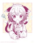  1girl animal_ears cat_ears cat_tail chen cropped_torso flying_sweatdrops highres ibaraki_natou instrument looking_down monochrome multiple_tails music nekomata no_hat no_headwear playing_instrument recorder short_hair simple_background solo squiggle tail touhou two_tails upper_body 