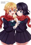  2girls absurdres aqua_eyes bangs black_hair black_shirt black_skirt brown_eyes eating food green_neckwear hair_between_eyes highres holding holding_food ice_cream_cone long_sleeves looking_at_another megami_magazine multiple_girls official_art open_mouth orange_hair plaid plaid_scarf pleated_skirt puraore!_pride_of_orange red_scarf saginuma_riko sailor_collar scan scarf school_uniform serafuku shared_scarf shirt short_hair simple_background skirt smile standing takagi_naomi tanaka_kii teeth upper_teeth white_background white_sailor_collar 