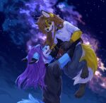  2021 4_toes 5_fingers anthro brown_hair canid canine clothed clothing detailed_background digital_media_(artwork) duo emerarudoshika feet fingers fox hair hi_res long_hair male mammal night open_mouth outside purple_hair sky smile star starry_sky teeth toes tongue 