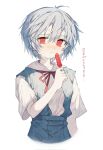 1girl ayanami_rei blue_hair blue_skirt blush closed_mouth commentary deep_(deep4946) english_commentary eyebrows_visible_through_hair food highres holding holding_food looking_at_viewer mixed-language_commentary neck_ribbon neon_genesis_evangelion no_pupils popsicle red_eyes red_ribbon ribbon sailor_collar school_uniform shirt short_hair short_sleeves simple_background skirt solo suspender_skirt suspenders sweat tearing_up tears tokyo-3_middle_school_uniform_(evangelion) translation_request upper_body white_background white_sailor_collar white_shirt 