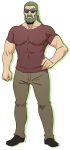  1boy absurdres artist_request beard brown_pants covered_abs facial_hair full_body grandpa_(shiromanta) green_hair hand_on_hip highres large_pectorals male_focus mature_male medium_hair muscular muscular_male mustache official_art pants pectorals senpai_ga_uzai_kouhai_no_hanashi shirt solo sunglasses thick_eyebrows tied_hair tight tight_shirt transparent_background 